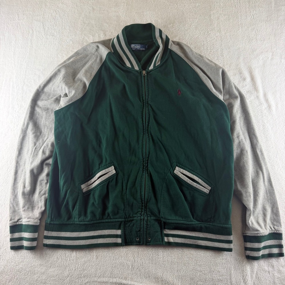 Polo Ralph Lauren Vintage Varsity Jacket Sweatshirt Green Mens XXL Zip Up Fleece